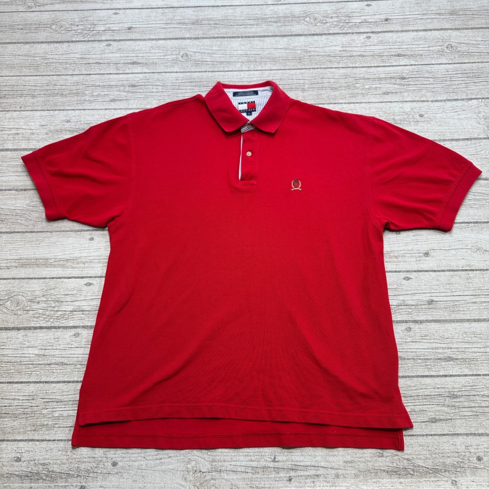 Tommy Hilfiger Polo Shirt Men's L Red Short Sleeve Pique Athletic Cotton Preppy